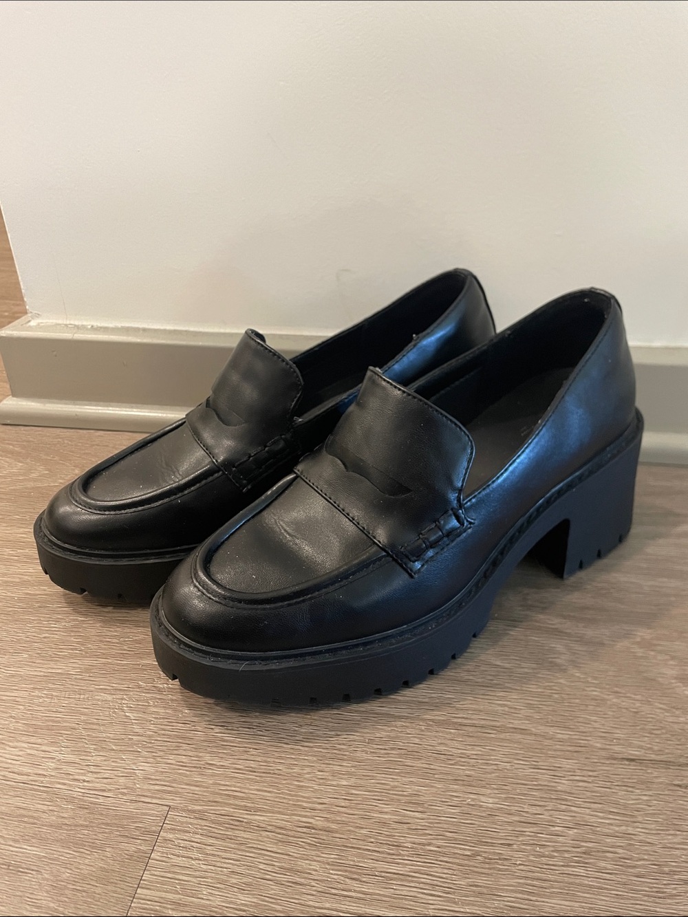 Black Chunky Platform Loafer Heels - Women's Stylish Slip-On